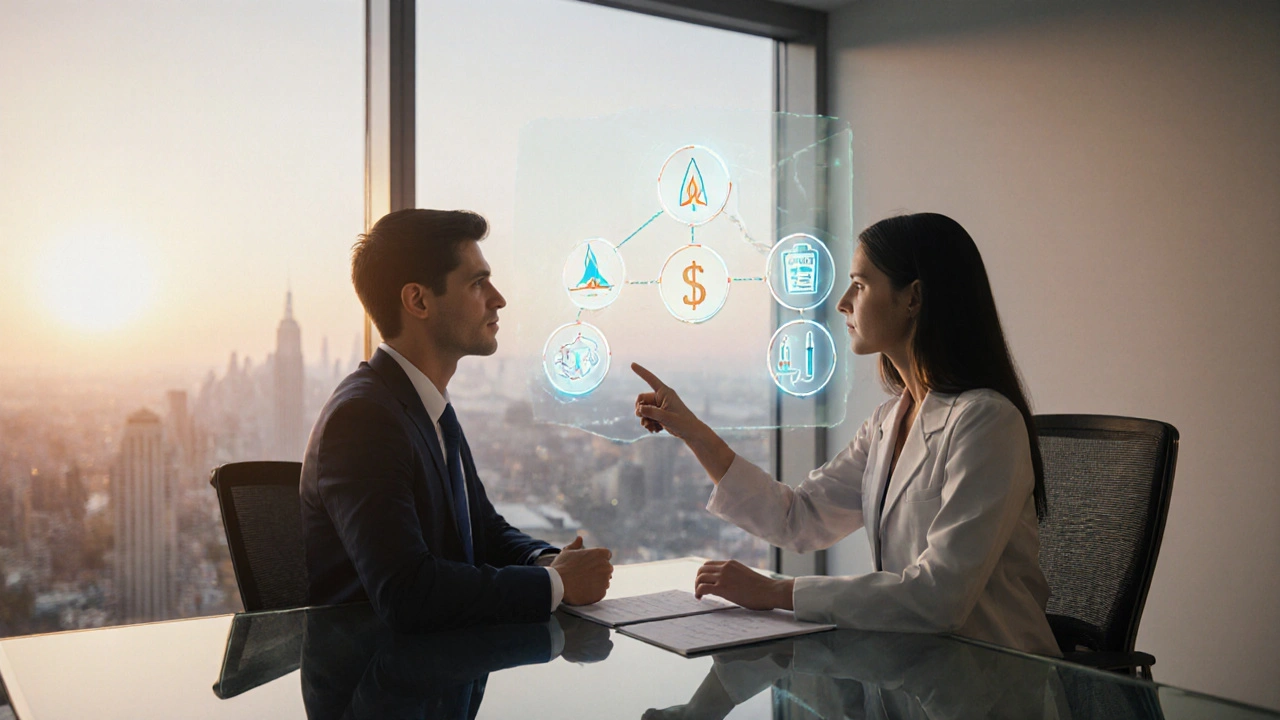3D office scene with patient and doctor viewing a holographic treatment decision diagram.