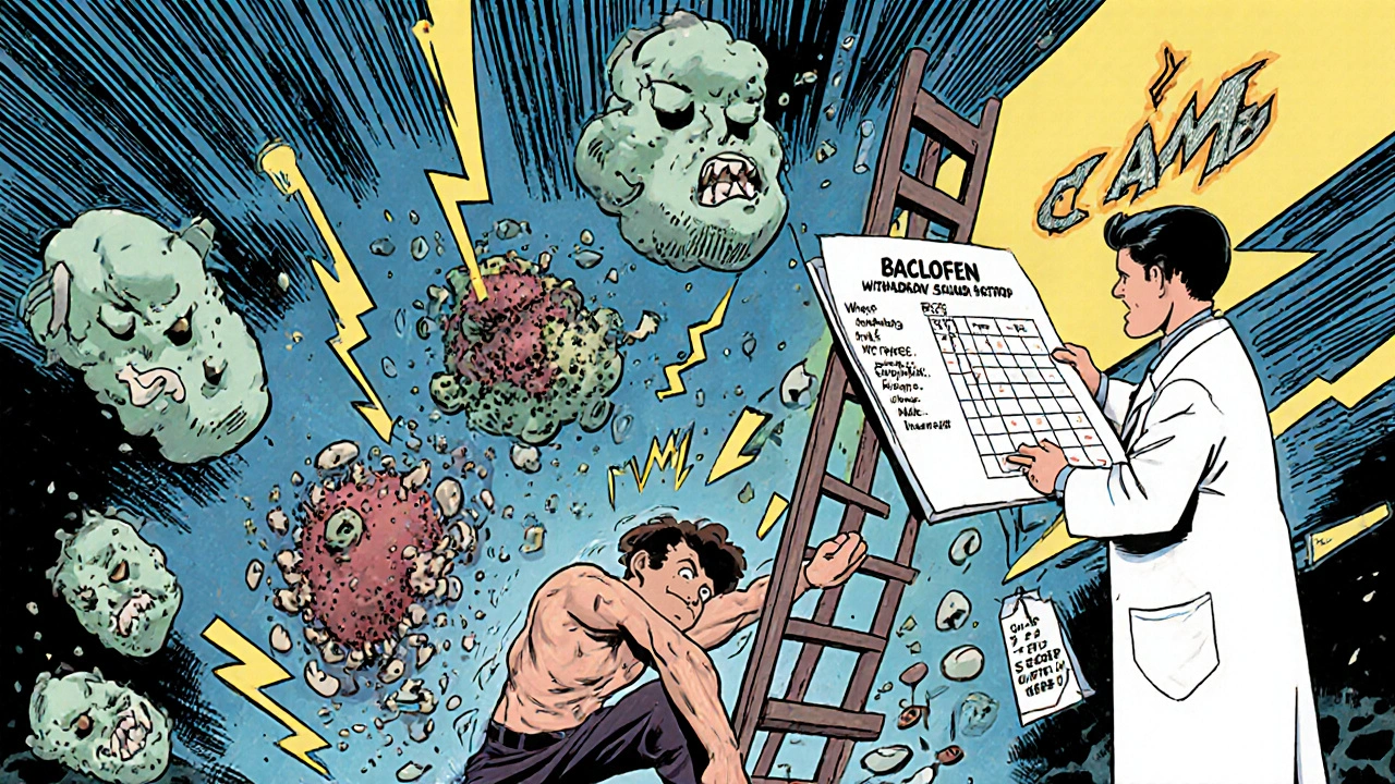 A person experiencing withdrawal with hallucinations, while a doctor lowers a tapering chart.