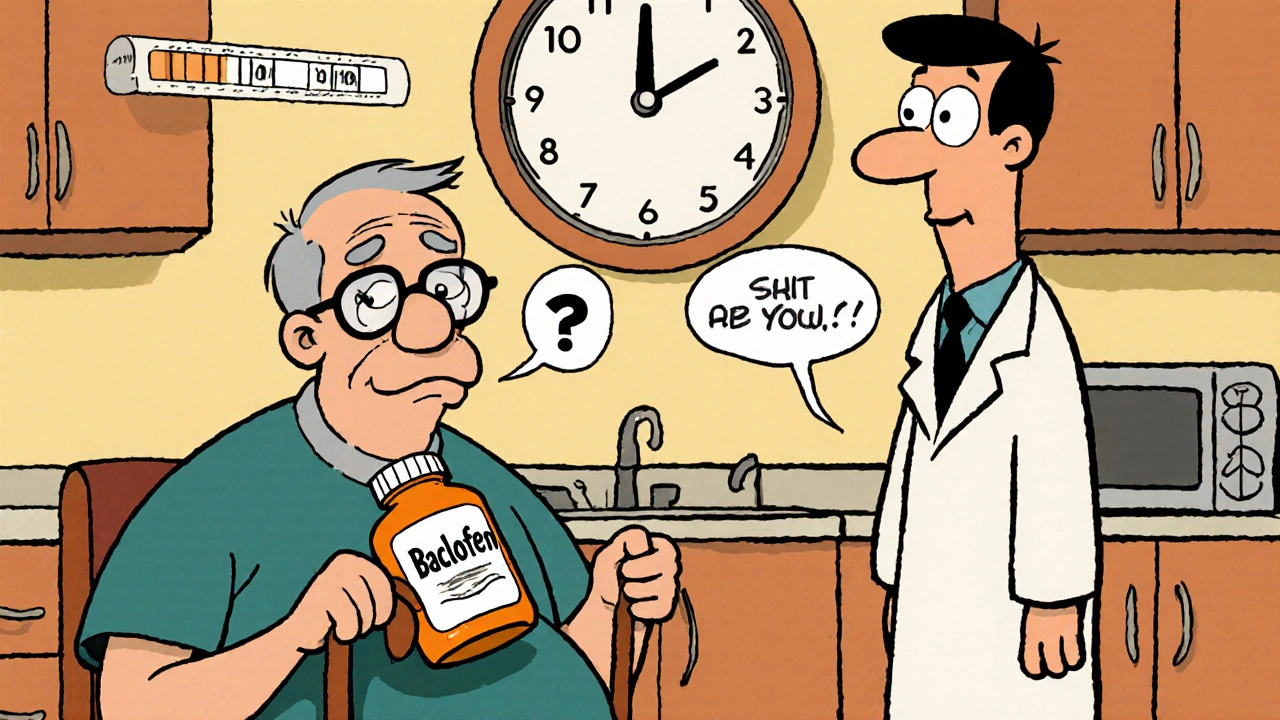 An elderly man and doctor beside a urine test that shows baclofen detection over 72 hours.