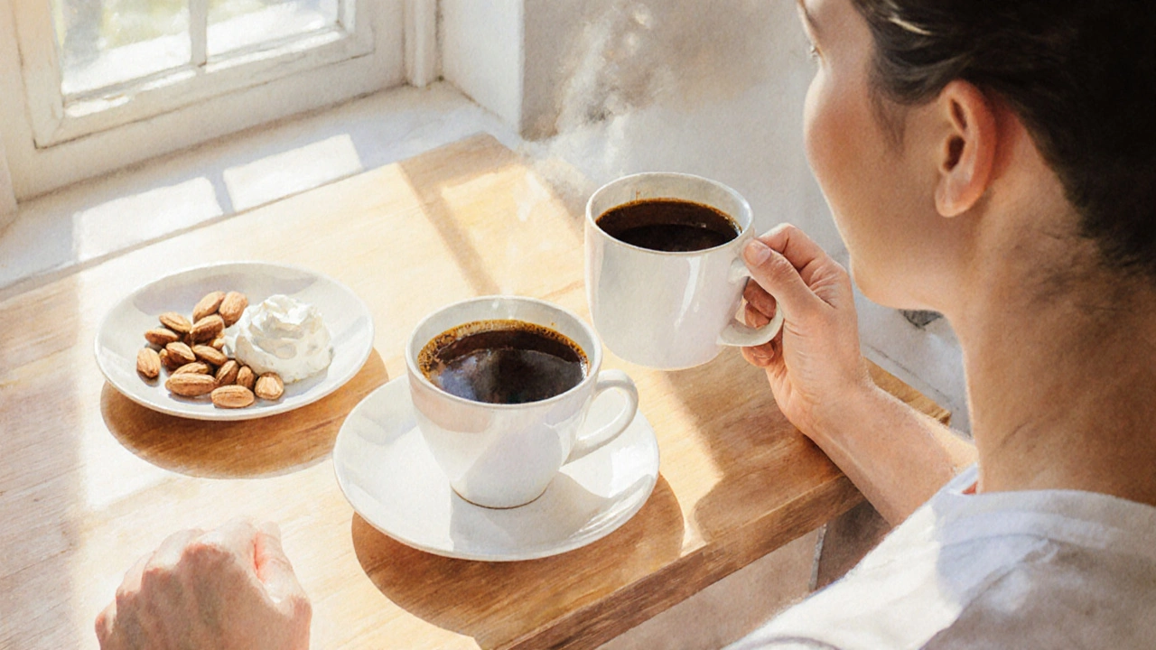 Calm kitchen scene with dark roast coffee and a protein snack.