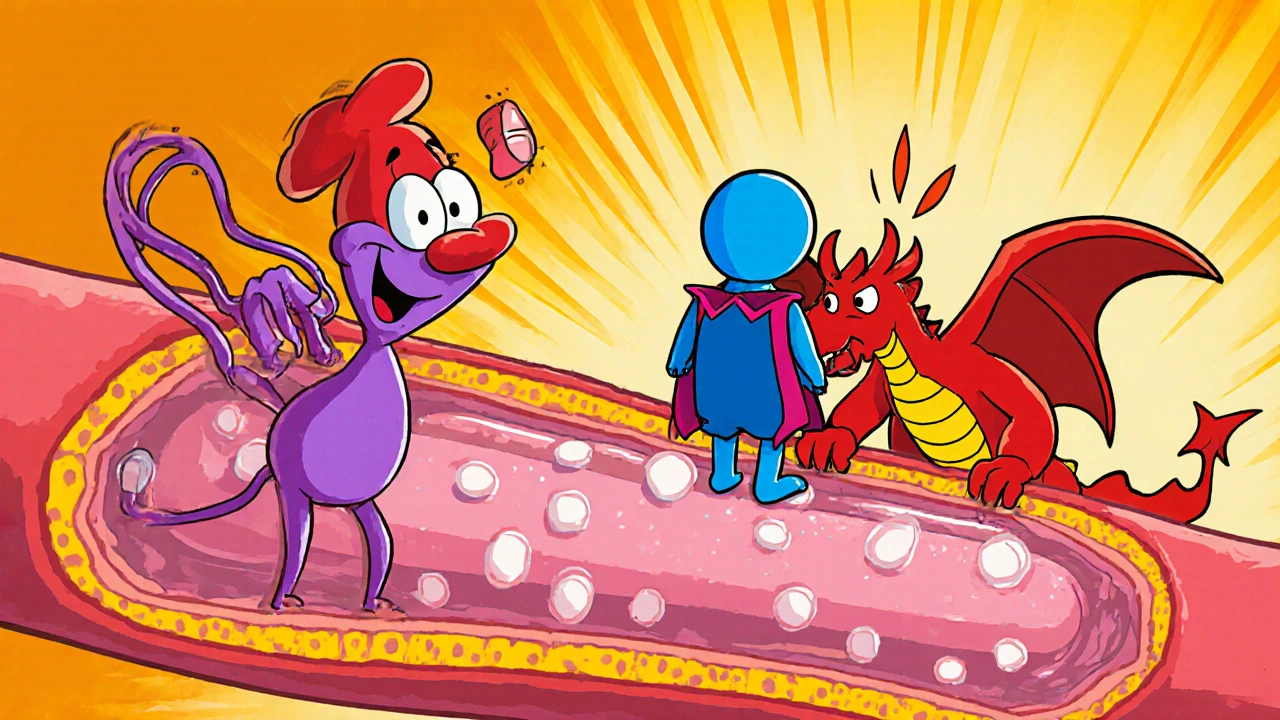 Cartoon artery where an Aceon tablet blocks conversion of Angiotensin I to a harmful Angiotensin II.