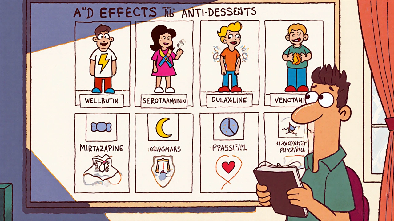 Cartoon chart shows antidepressants as characters with icons for mechanisms and side effects.