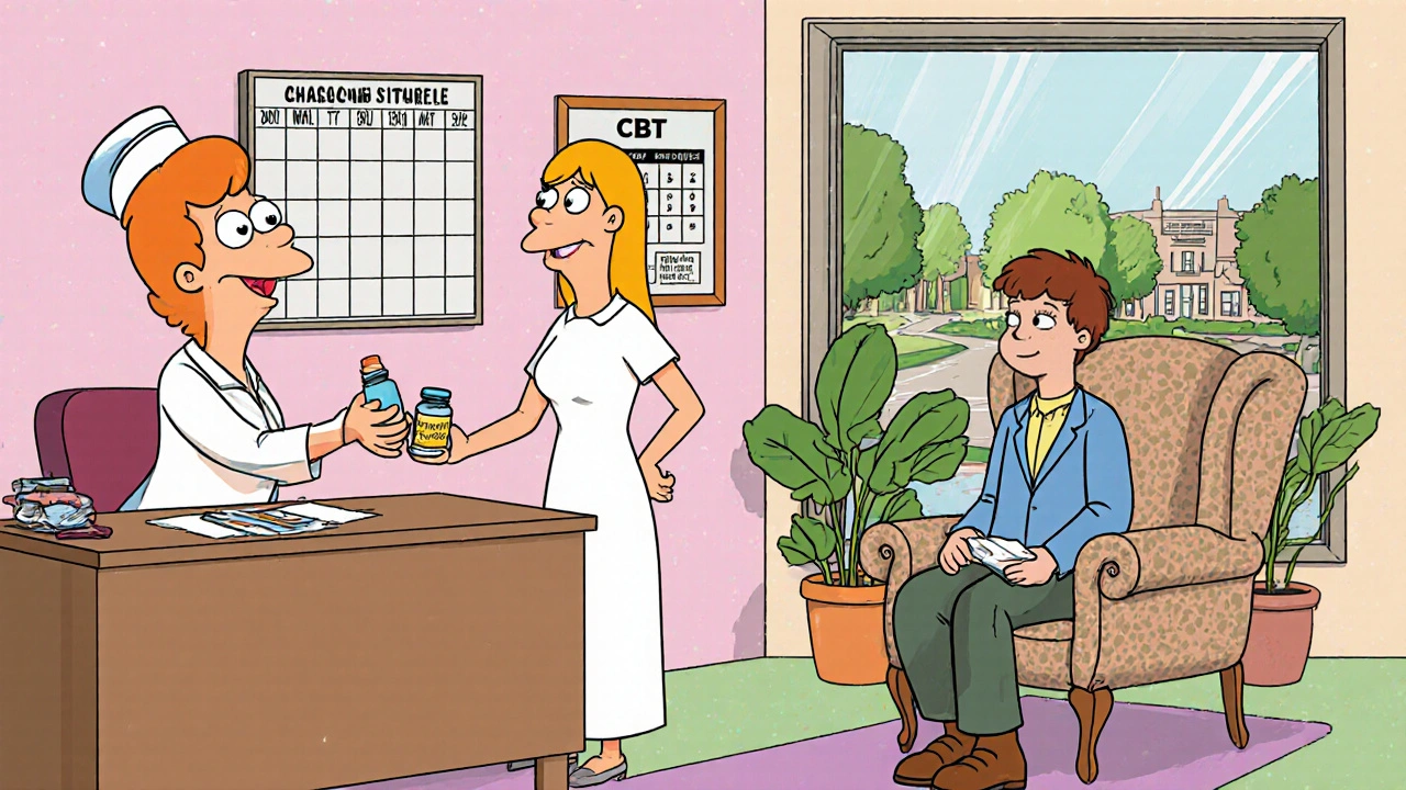 Cartoon counseling room showing nurse giving Acamprosate and therapist leading CBT.