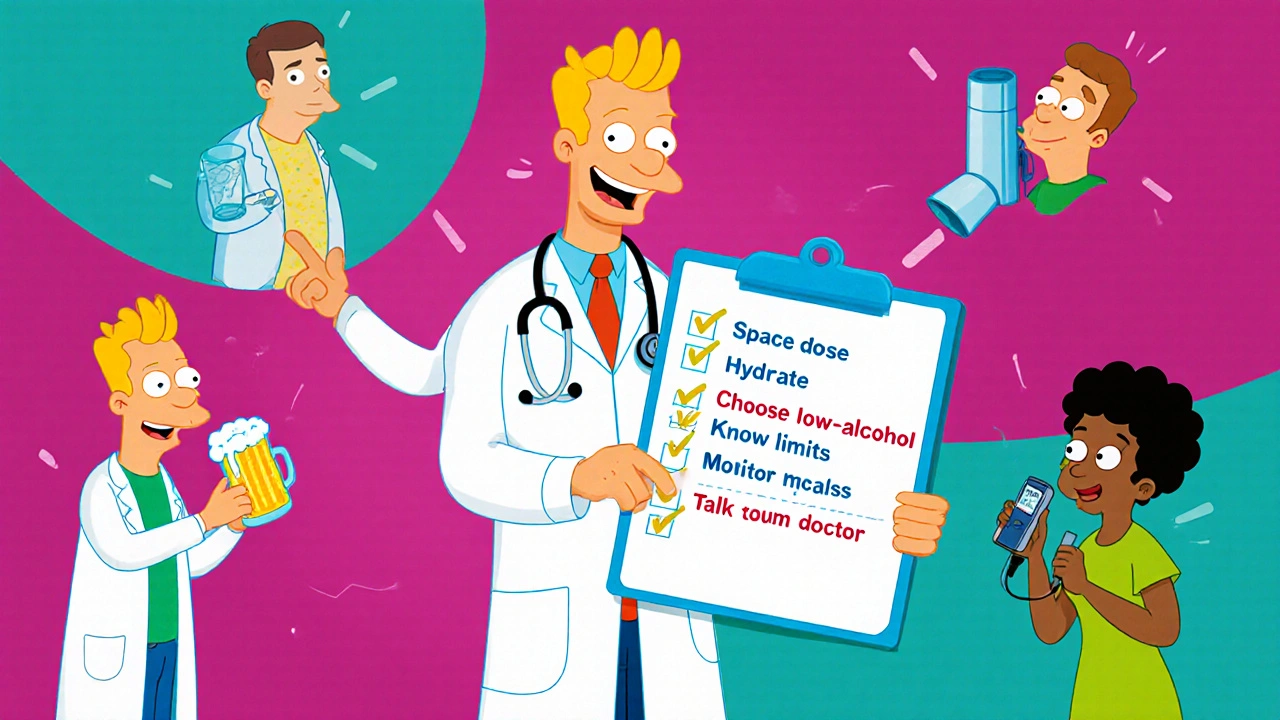 Cartoon doctor with checklist and characters demonstrating safe drinking tips while on Montelukast.