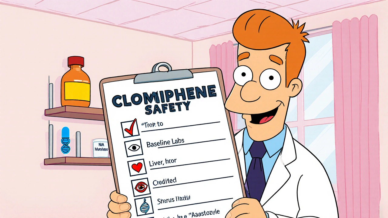 Cartoon doctor with checklist icons for labs, liver, eye, heart, and sperm safety before clomiphene.