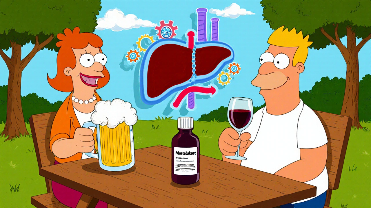 Cartoon friends at a barbecue with beer, wine, and a Montelukast bottle, liver graphic nearby.