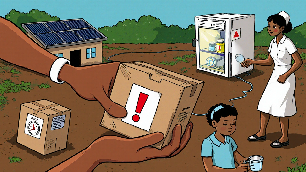 Cartoon hands pass oseltamivir boxes, with a solar fridge and child mixing suspension.