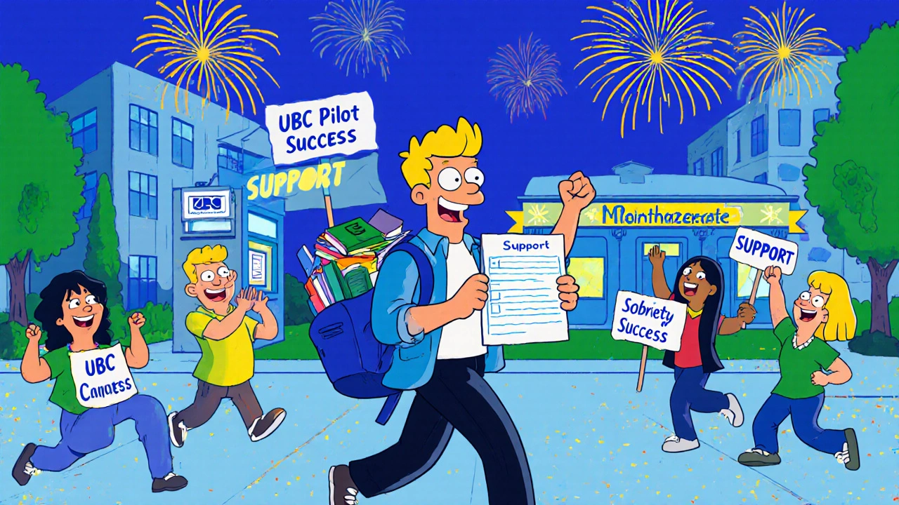 Cartoon student celebrating sobriety with supportive peers and a medication checklist.