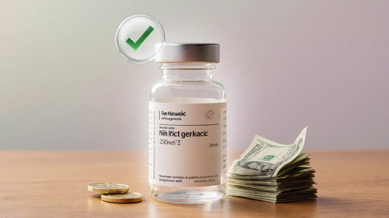 Close-up of a generic medication bottle with cash indicating savings.
