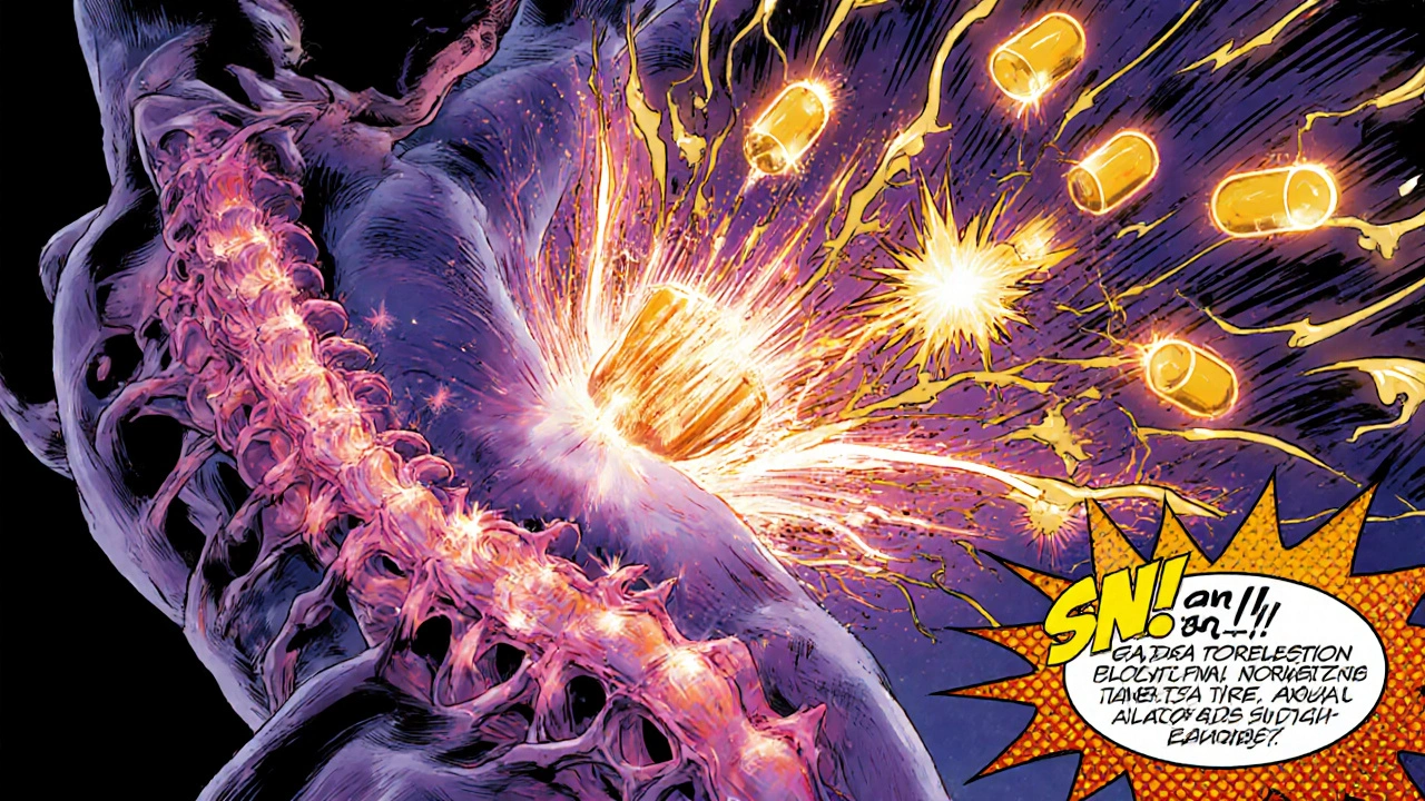 Comic panel showing serotonin, norepinephrine and antidepressant molecules blocking nerve pain signals.