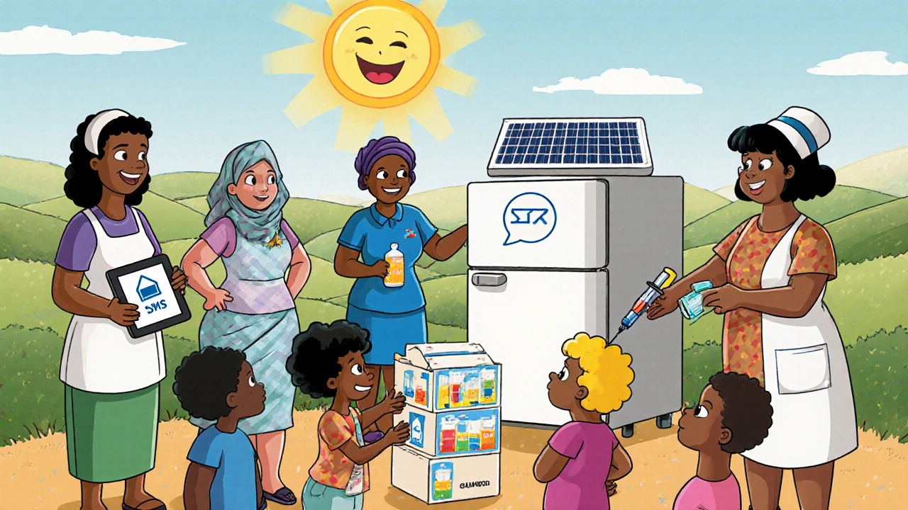 Community health workers train using SMS, stickers, and solar fridge while children watch.