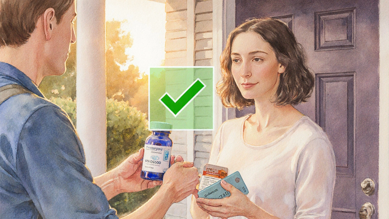 Delivery person hands a parcel with lisinopril bottle and discount card, checkmark above.