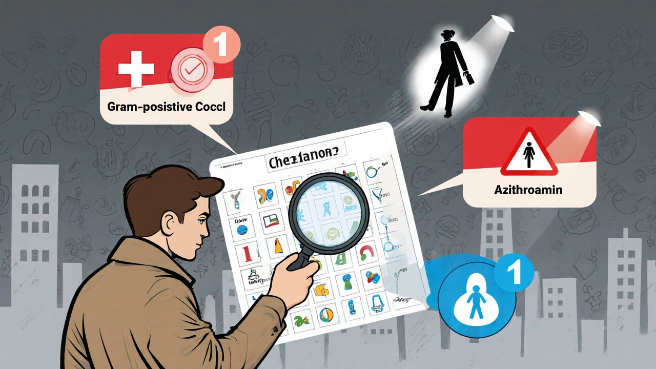 Detective pharmacist comic scene showing decision checkpoints for choosing antibiotics.