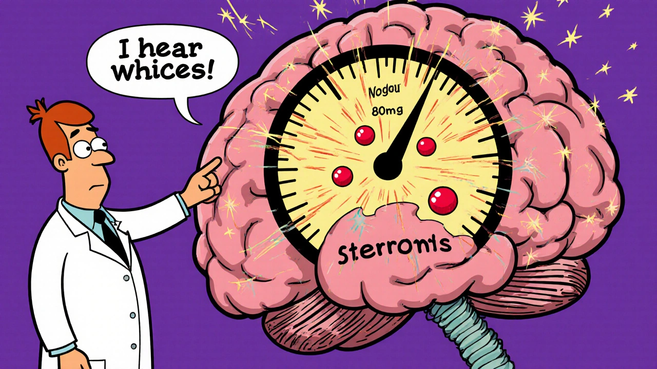 Doctor pointing at a spinning brain with exploding dopamine atoms, cartoon illustration.