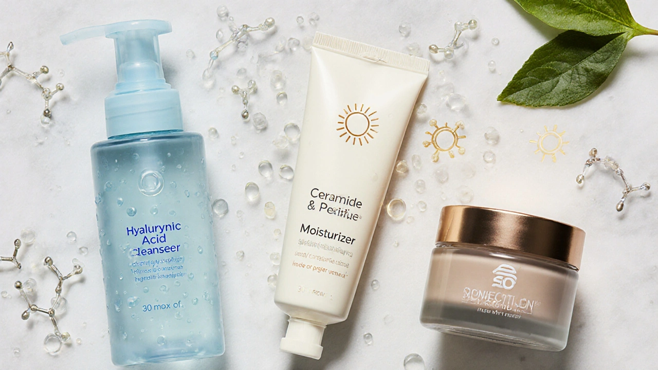 Flat‑lay of cleanser, moisturizer, and sunscreen with ingredient visuals.