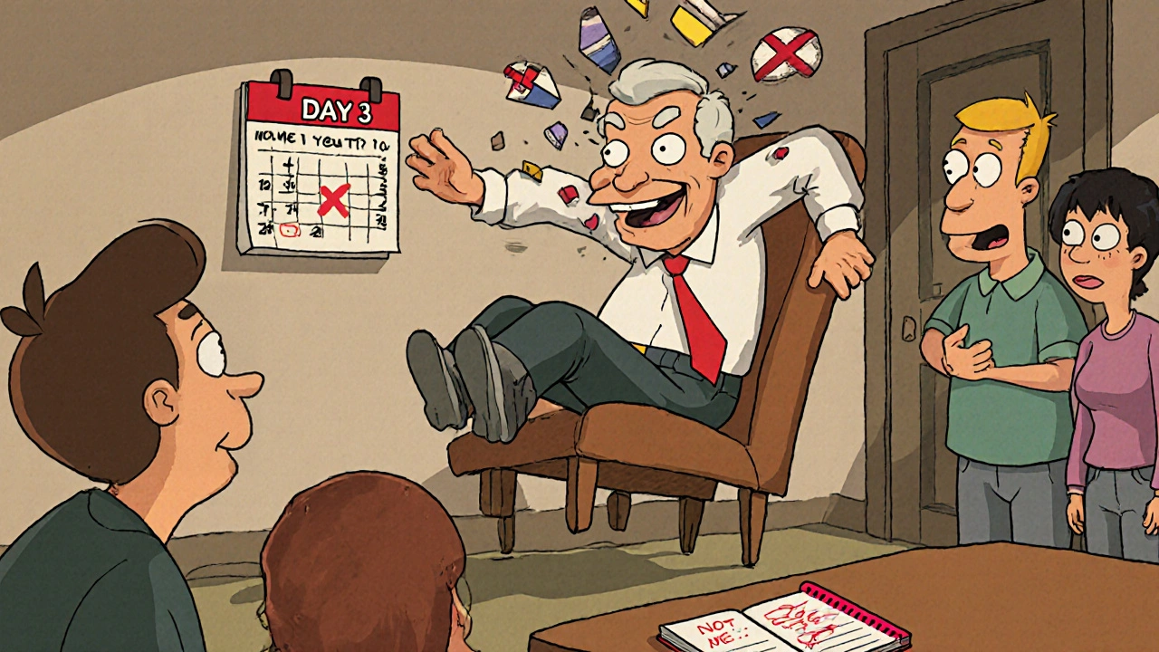 Grandfather levitating with split face expression, family watching in shock, cartoon style.