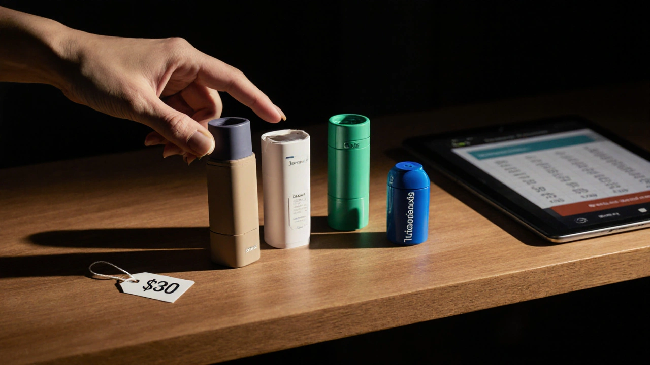 Hand reaching for an inhaler among several devices on a countertop, suggesting choice.