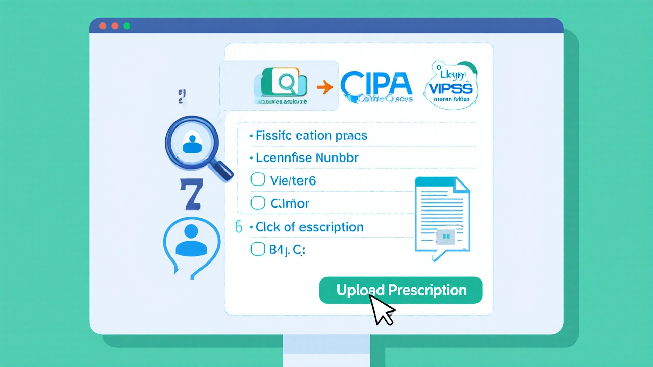 Illustrated checklist showing pharmacy license, accreditation logos, and prescription upload.