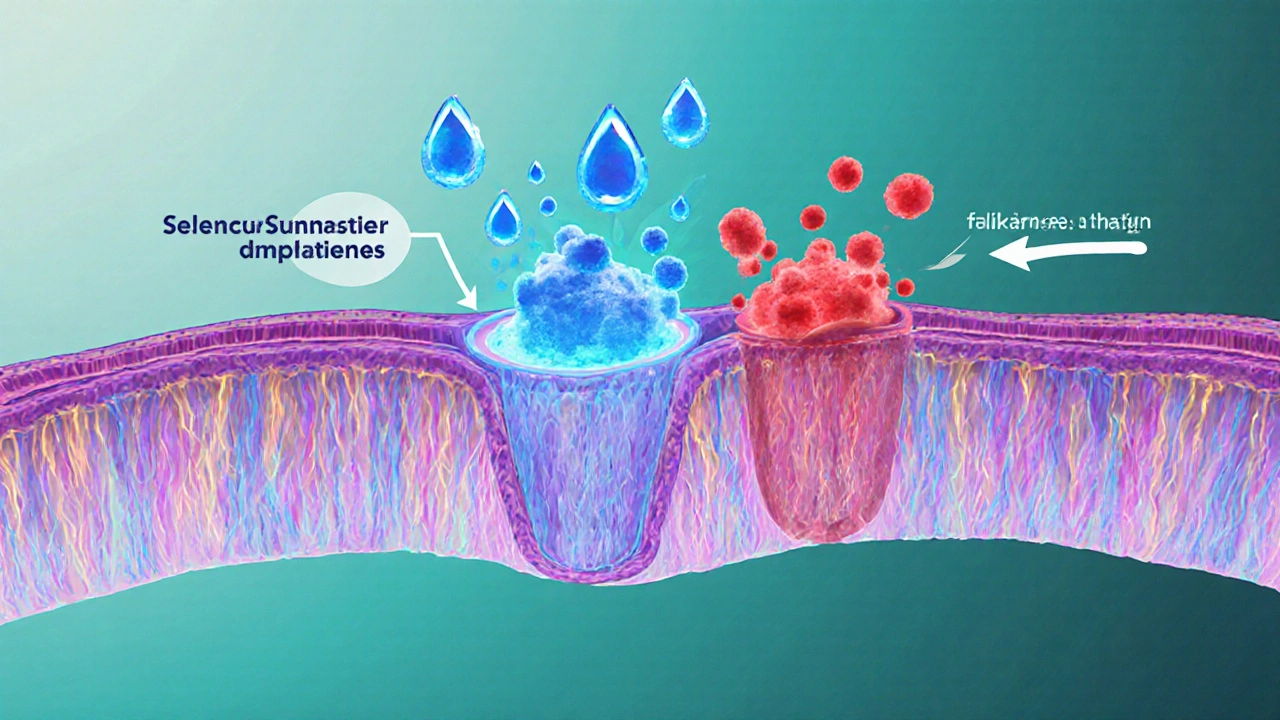 Illustration of airway cells with glucocorticoid receptors absorbing medication, inflammation fading.