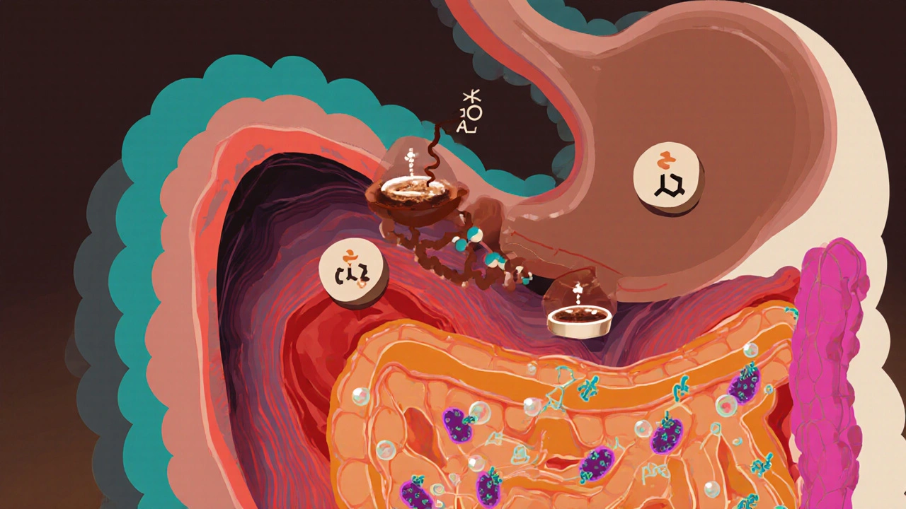Illustration of coffee compounds stimulating stomach acid and gut bacteria.