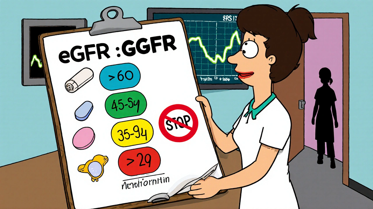 Nurse reviews colorful eGFR dosing chart with patient icons.