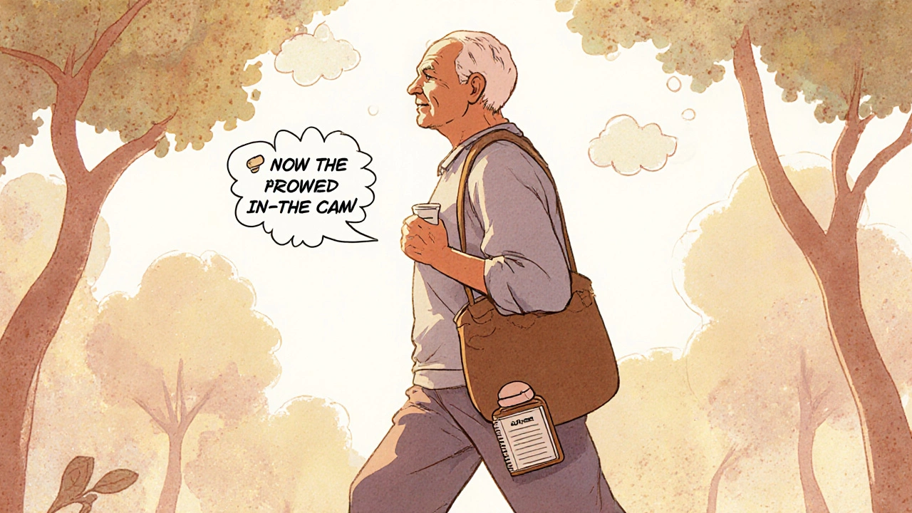 Older adult strolling in a park, carrying medication and a pain diary, depicted in comic‑book style.