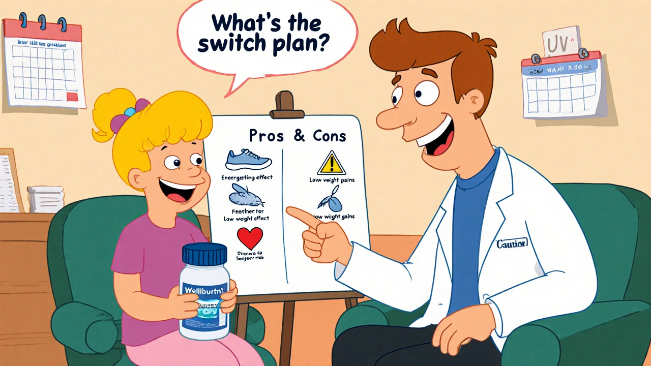 Patient and doctor discuss Wellbutrin switch, using a pros‑and‑cons flip chart.