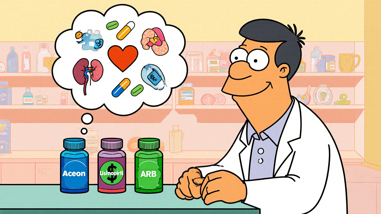 Patient at a pharmacy choosing between Aceon, generic ACE inhibitor, and an ARB, guided by a pharmacist.