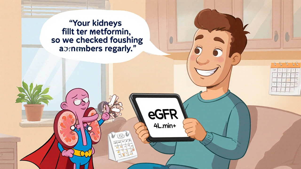 Patient checks eGFR on tablet while cartoon kidney shows safe Metformin flow.