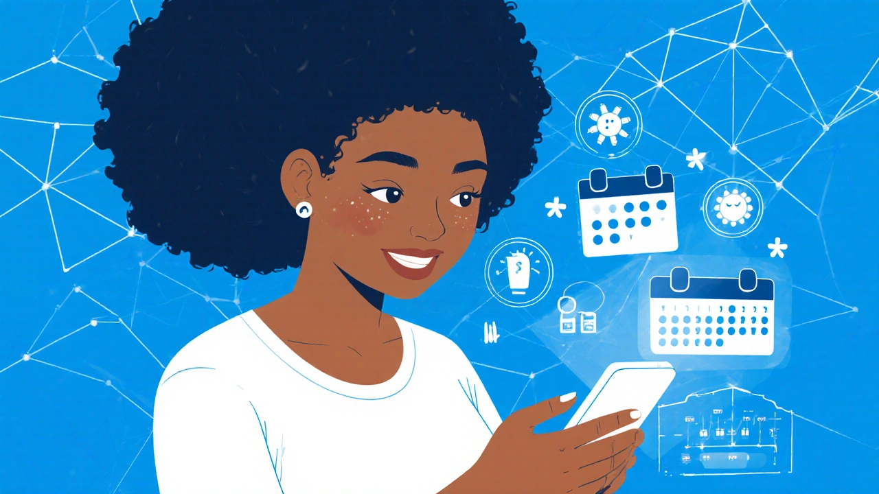 Patient uses a futuristic app displaying shared symptom data and treatment reminders.