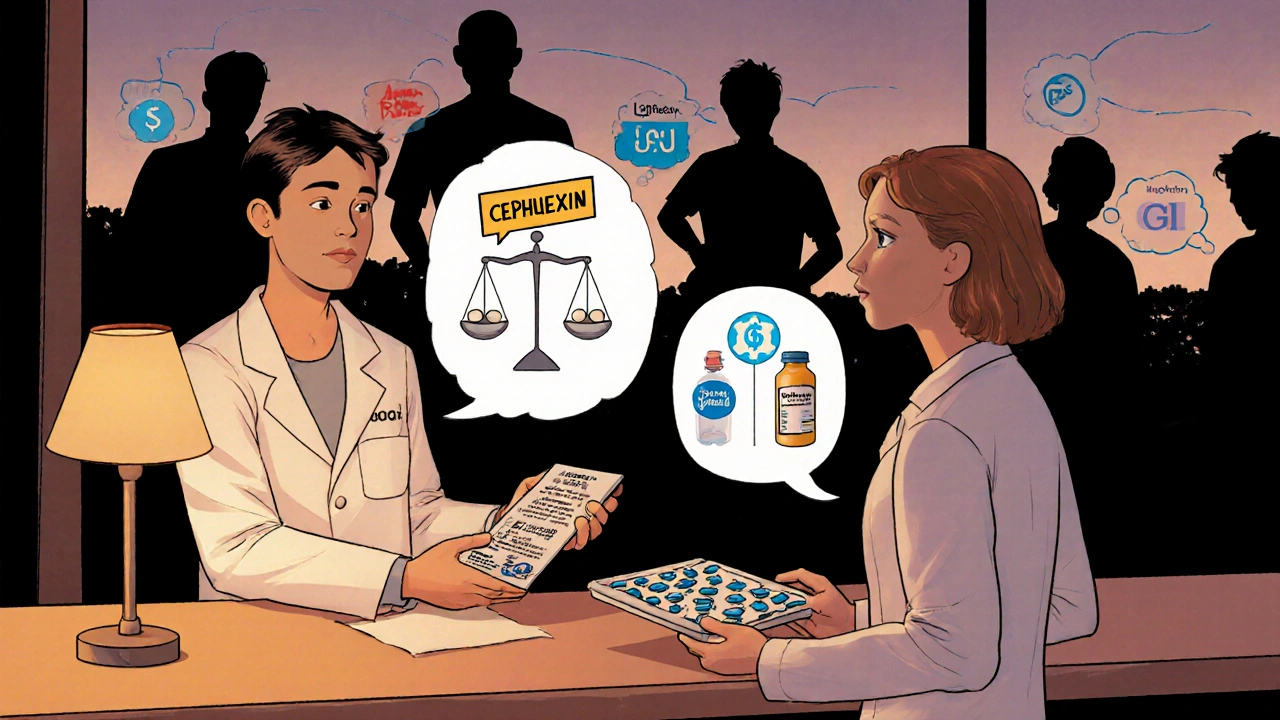 Pharmacy comic illustration of patient weighing cost and side effects before selecting Cephalexin.