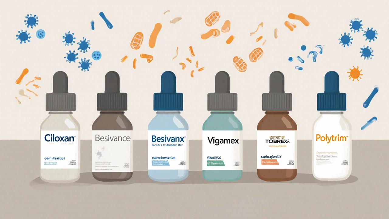 Row of eye‑drop bottles with abstract bacterial shapes surrounding them.