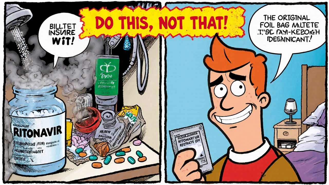 Split illustration comparing wrong bathroom storage in a bulk bottle with right storage using a sealed blister pack.