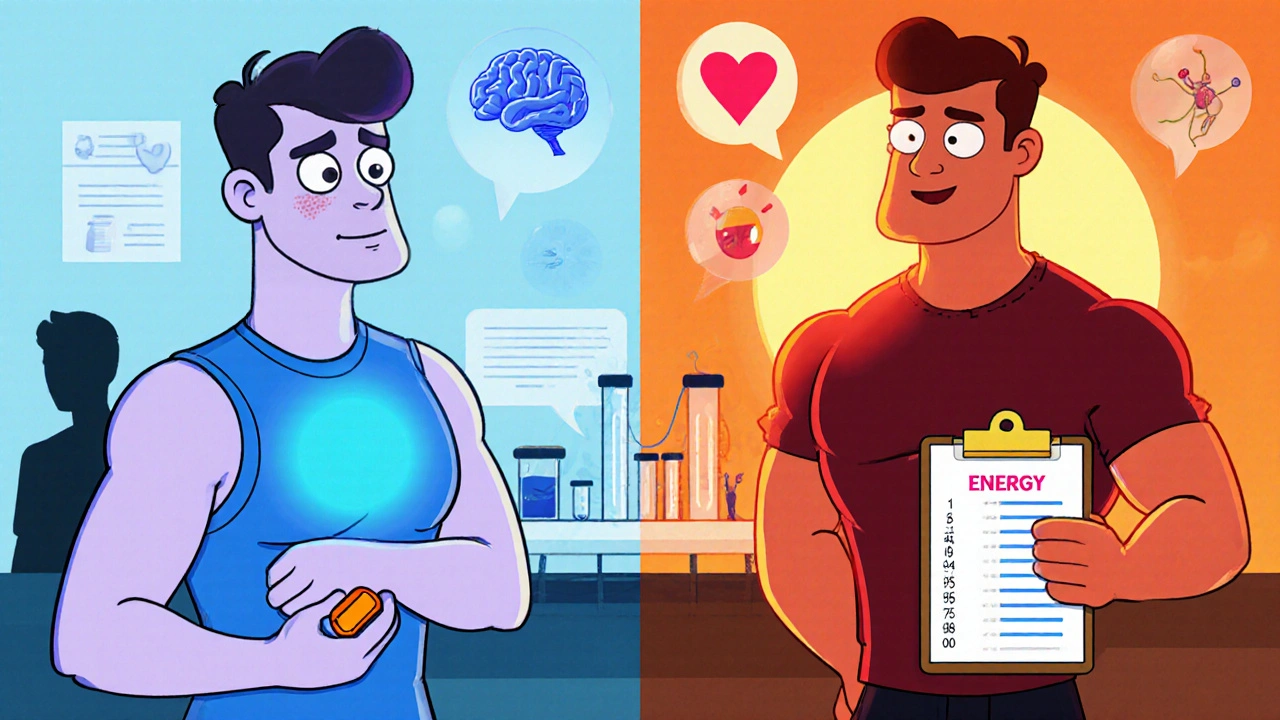 Split‑screen cartoon of a man before and after clomiphene, with energy meter and lab results.