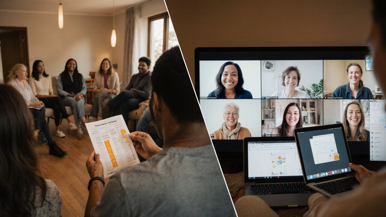 Split view of an in‑person support circle and an online video meeting sharing care tips.