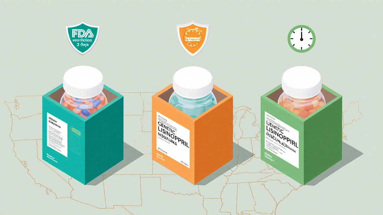 Three boxes with lisinopril bottles, each showing verification shields and shipping icons.