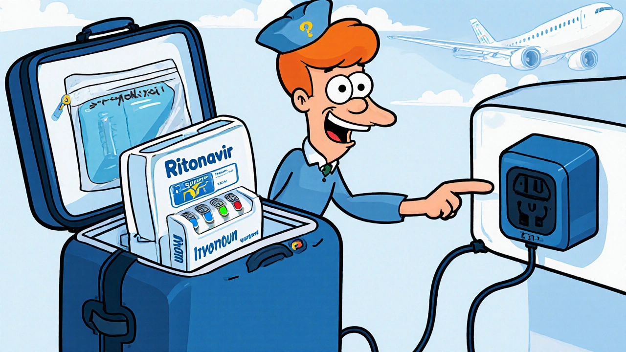 Travel scene with a suitcase containing an insulated pouch holding Ritonavir tablets and a temperature strip.
