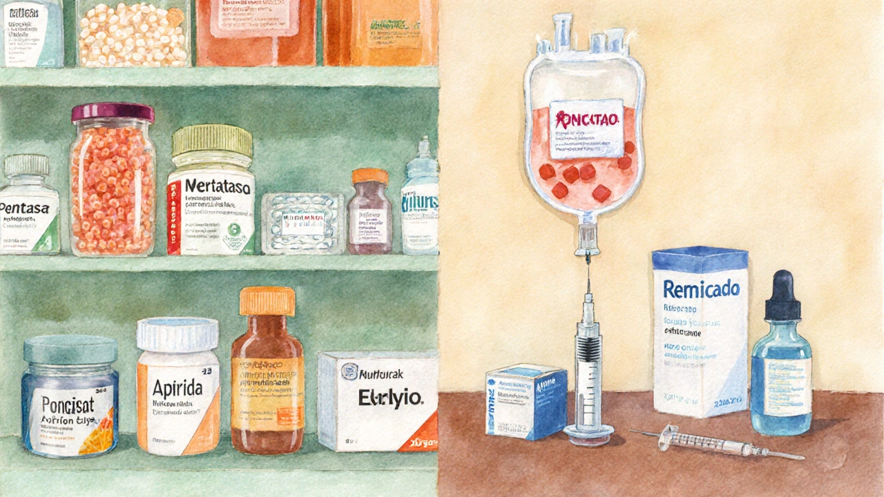 Watercolor shelf showing various mesalamine products beside a clinic scene with IV bag, syringe, and tablets.