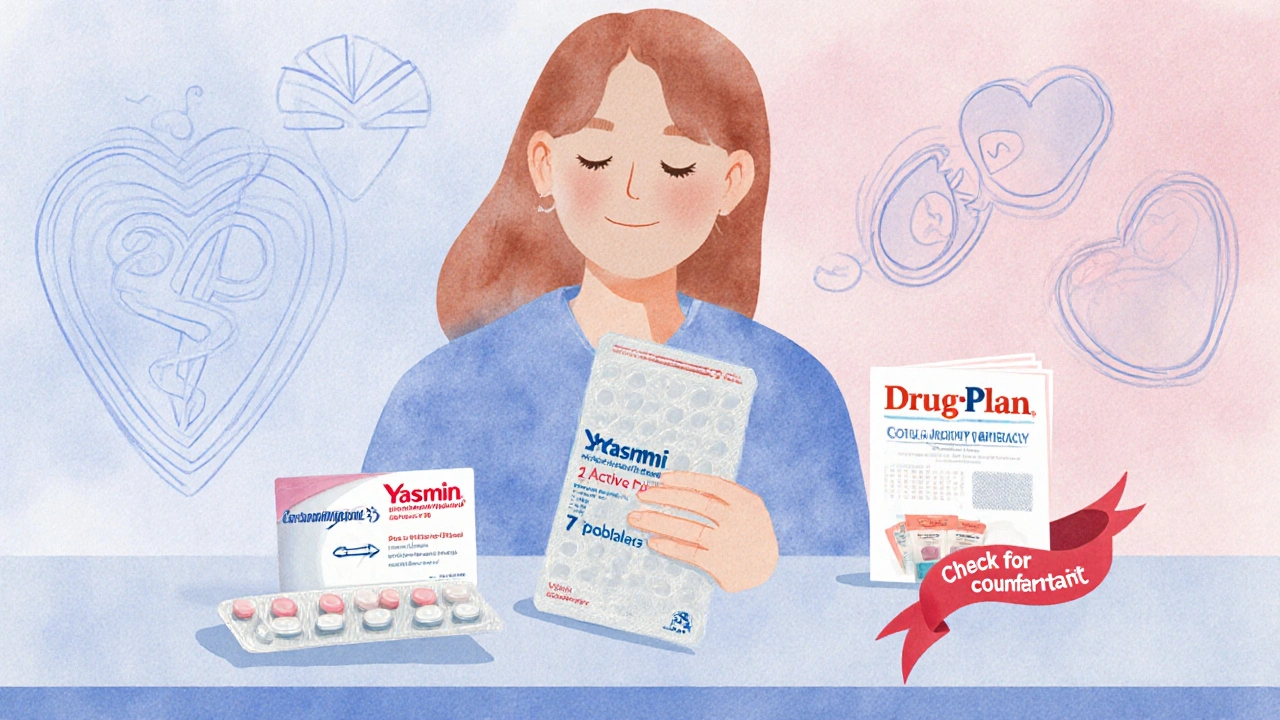 Woman holding generic Yasmin blister pack, discount card, and safety symbols.