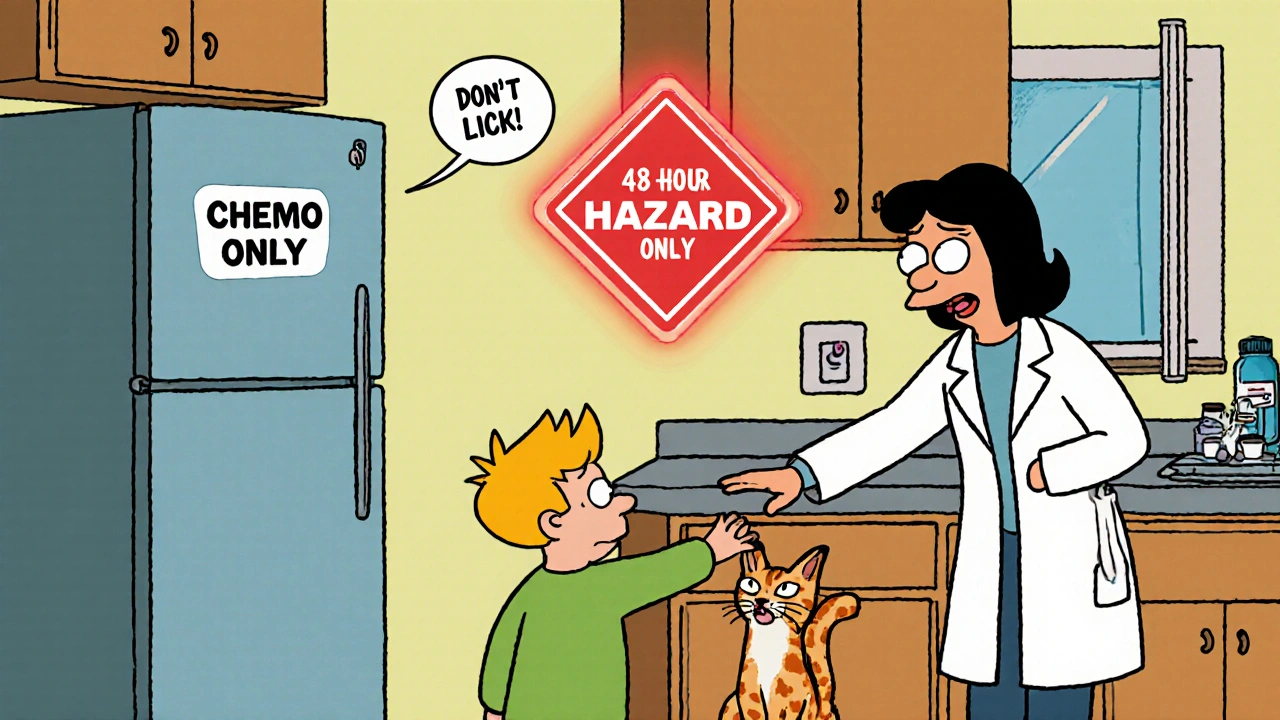 A child is stopped from touching chemo meds while a pet looks on with a hazard sign above.