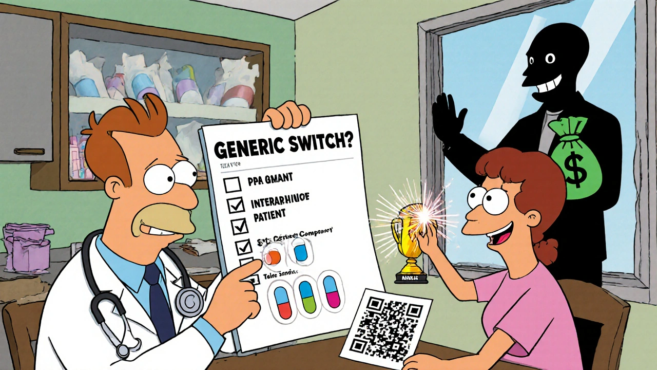 A doctor and patient review a checklist for generic substitution with a helpful handout and QR code, while a pharmacist celebrates with a patient.