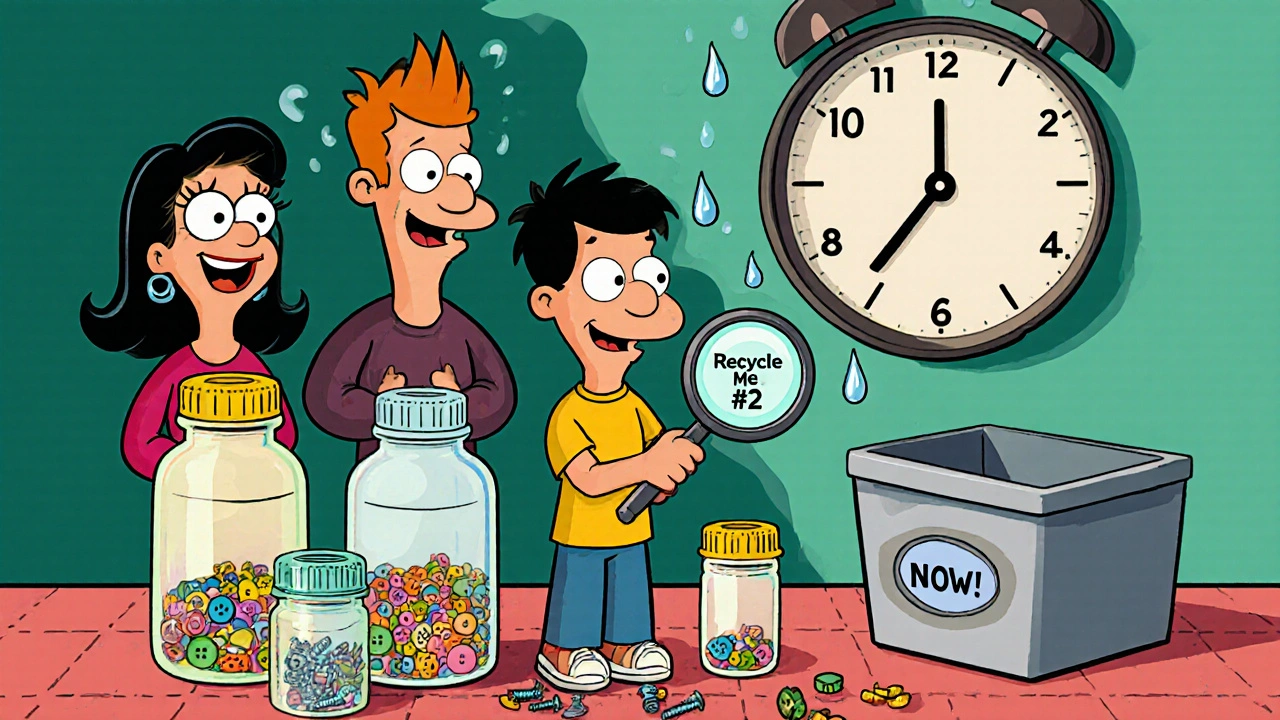 A family reuses clean pill bottles for storage, with recycling symbol visible, cartoon style.