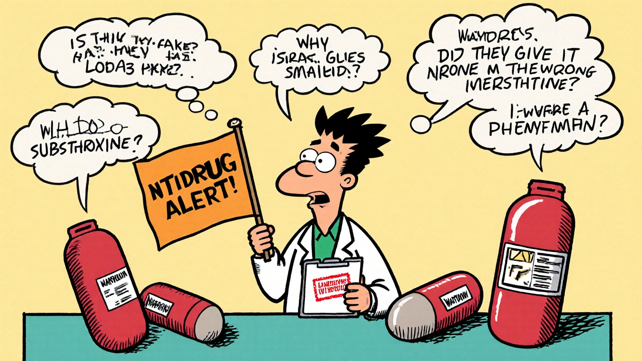 A pharmacist holds an alert flag for narrow therapeutic index drugs while anxious patient thoughts float around in cartoon bubbles.