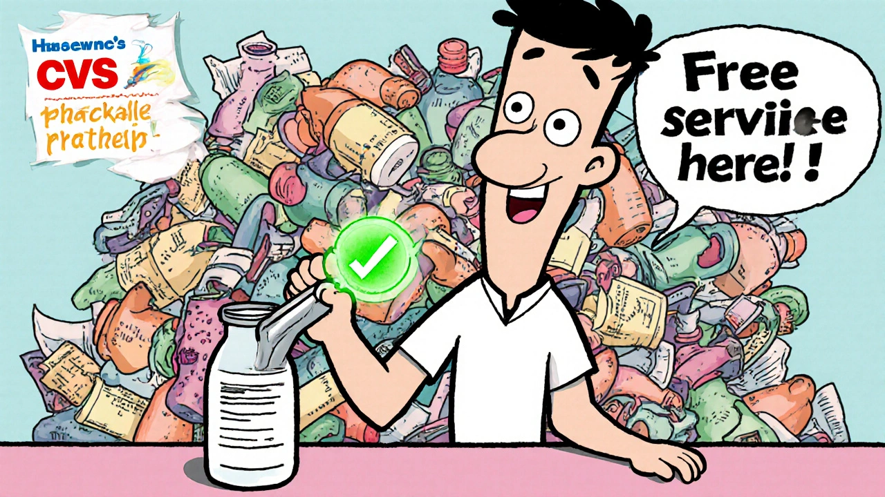 A pharmacist removes a prescription label for free at a CVS counter, cartoon style.