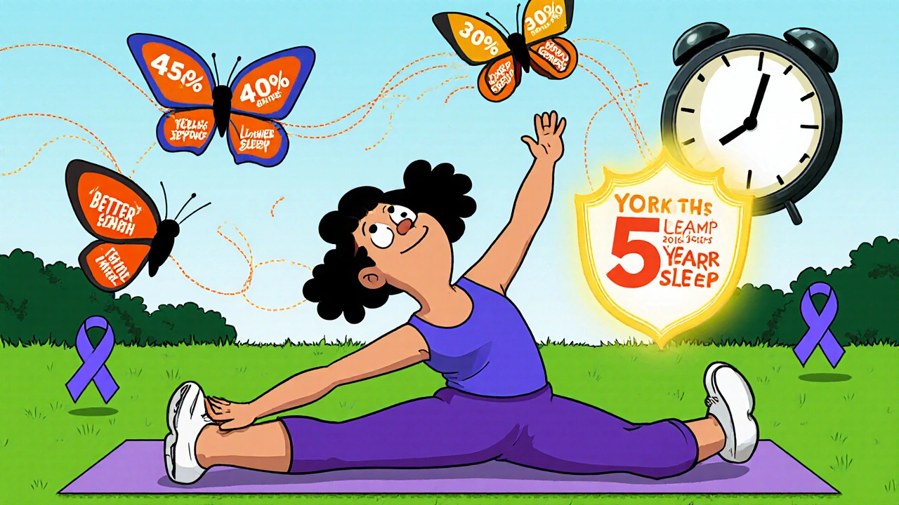 A survivor stretching outdoors with energy butterflies showing health benefits, protected from fading cancer shadows.