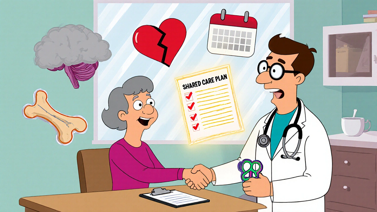 A woman at a kitchen table with floating health icons as two doctors collaborate on a shared care plan.