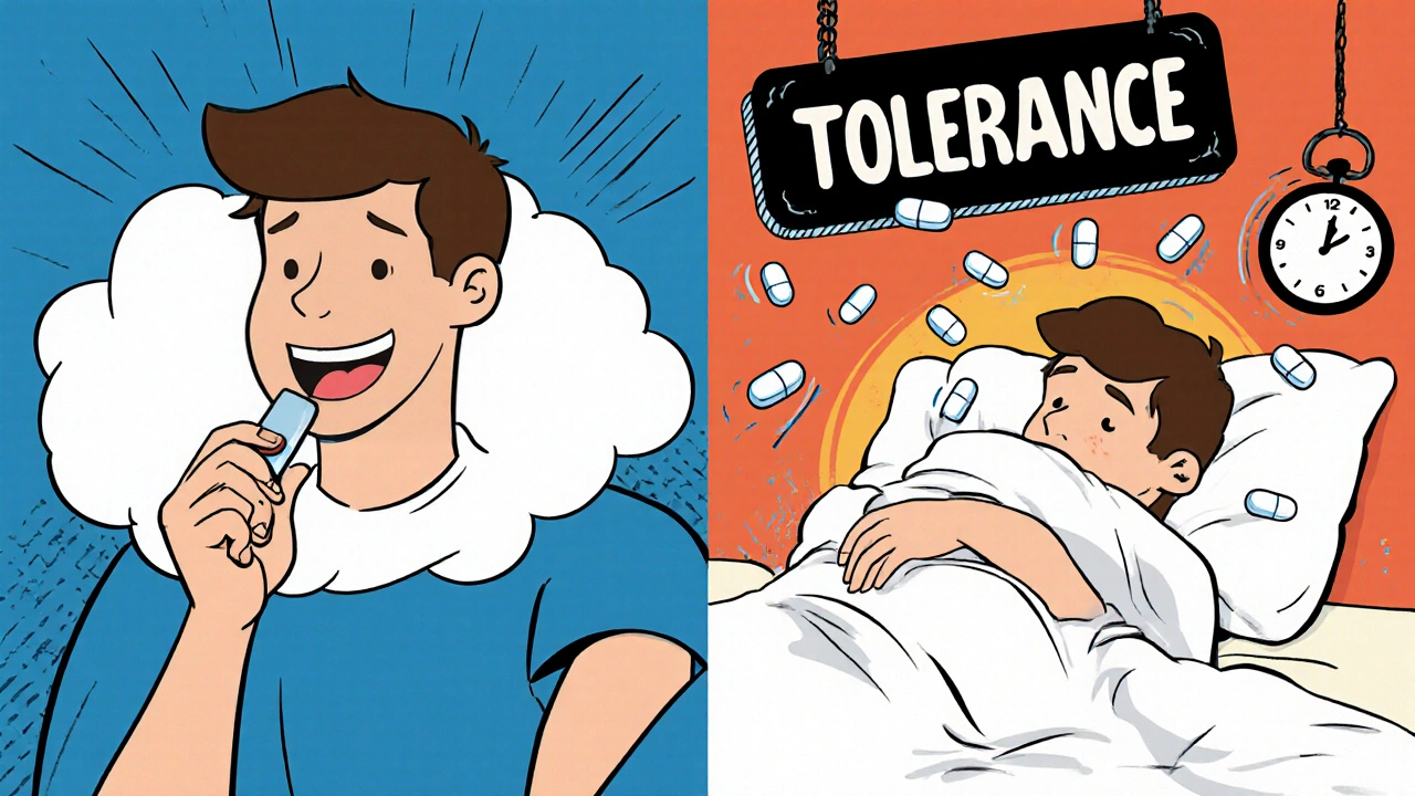 A young adult transforms from sleepy to overwhelmed by pills and a spinning clock, showing tolerance to diphenhydramine.