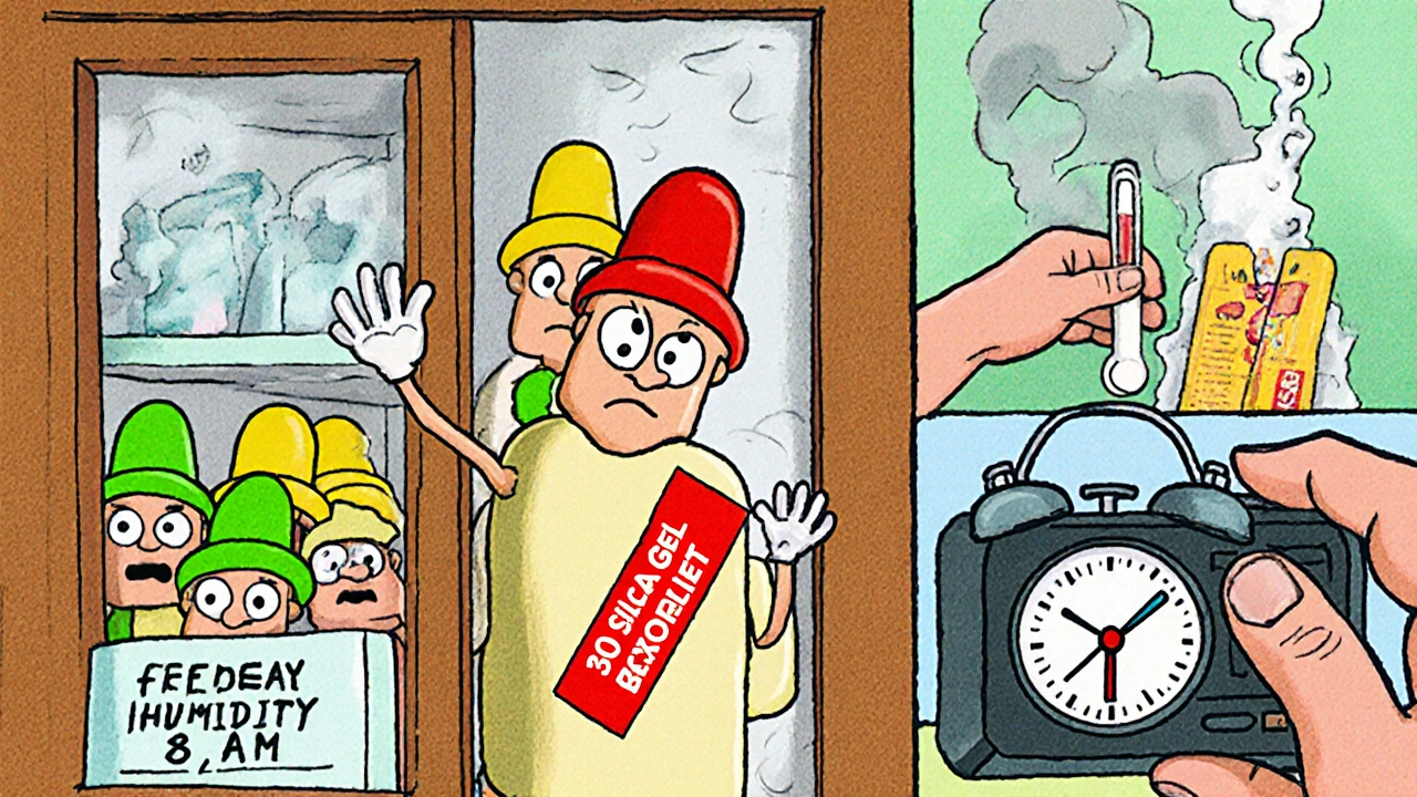 Anthropomorphic pills in color-coded stickers being organized in a home cabinet with silica gel packet and warning signs.