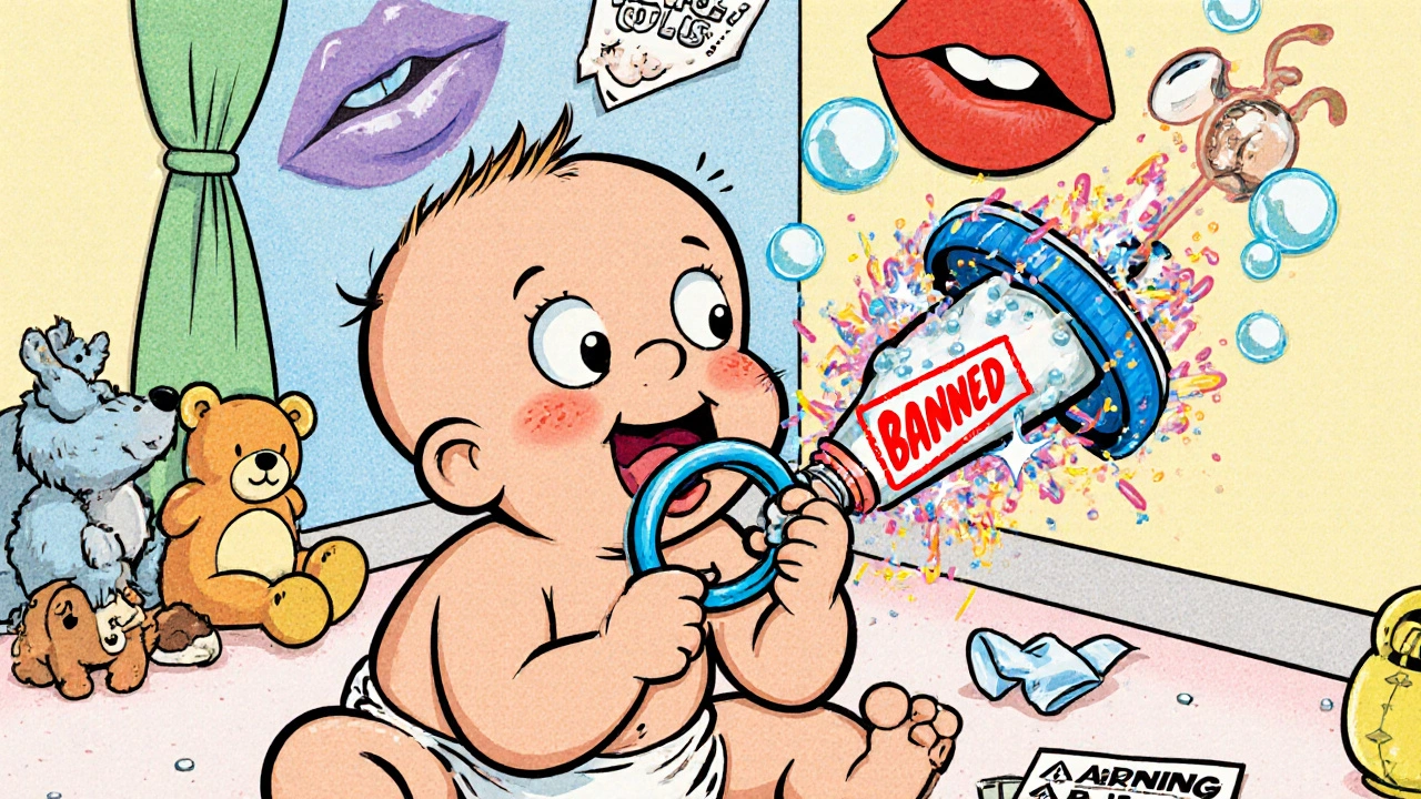 Baby chewing on a teething ring as a banned gel tube explodes with warning symbols.