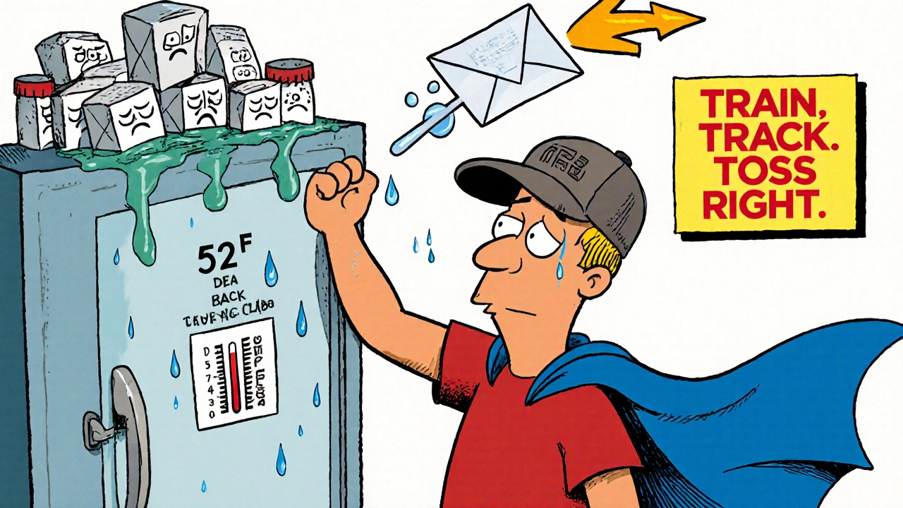 Clinic worker shocked by a high fridge temperature, melting meds, and a mail-back envelope flying like a superhero cape.